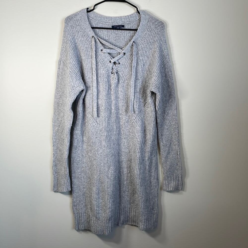 American Eagle Gray Knit Lace Up‎ Long Sleeve Sweater Dress Size M